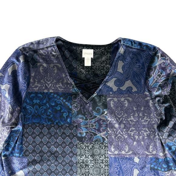 Chicos Velvet Tunic Top Womens Size 3 XL Mixed Print 3/4 Sleeve Floral Boho Art - Picture 2 of 10